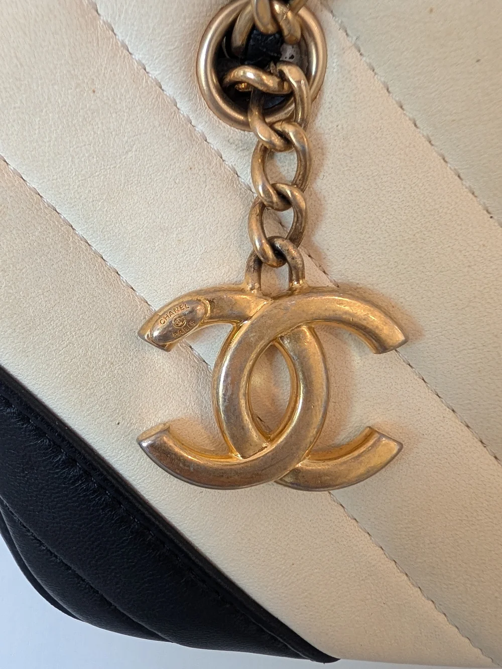 Chanel Lambskin Chevron Quilted Camera Bag In Beige And Black